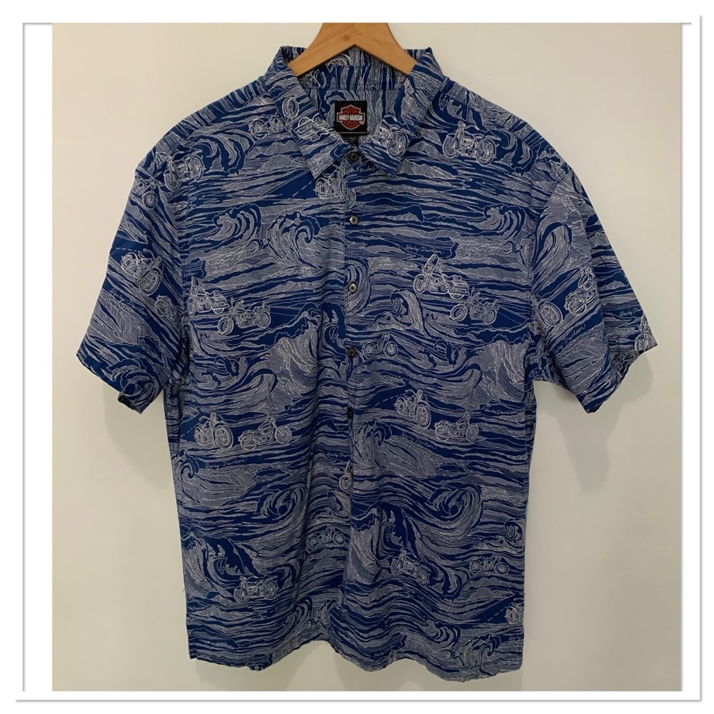 Harley-Davidson Wave Pattern Button Up Shirt Blue… - image 4
